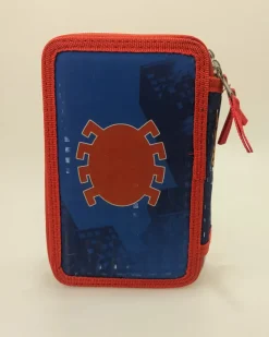 Astuccio Con Tre Cerniere E Tre Scomparti Di Spiderman, In Robusto Poliestere, Completo Di Cancelleria, 18 Pennarelli File Giotto E 18 Matite Colorate