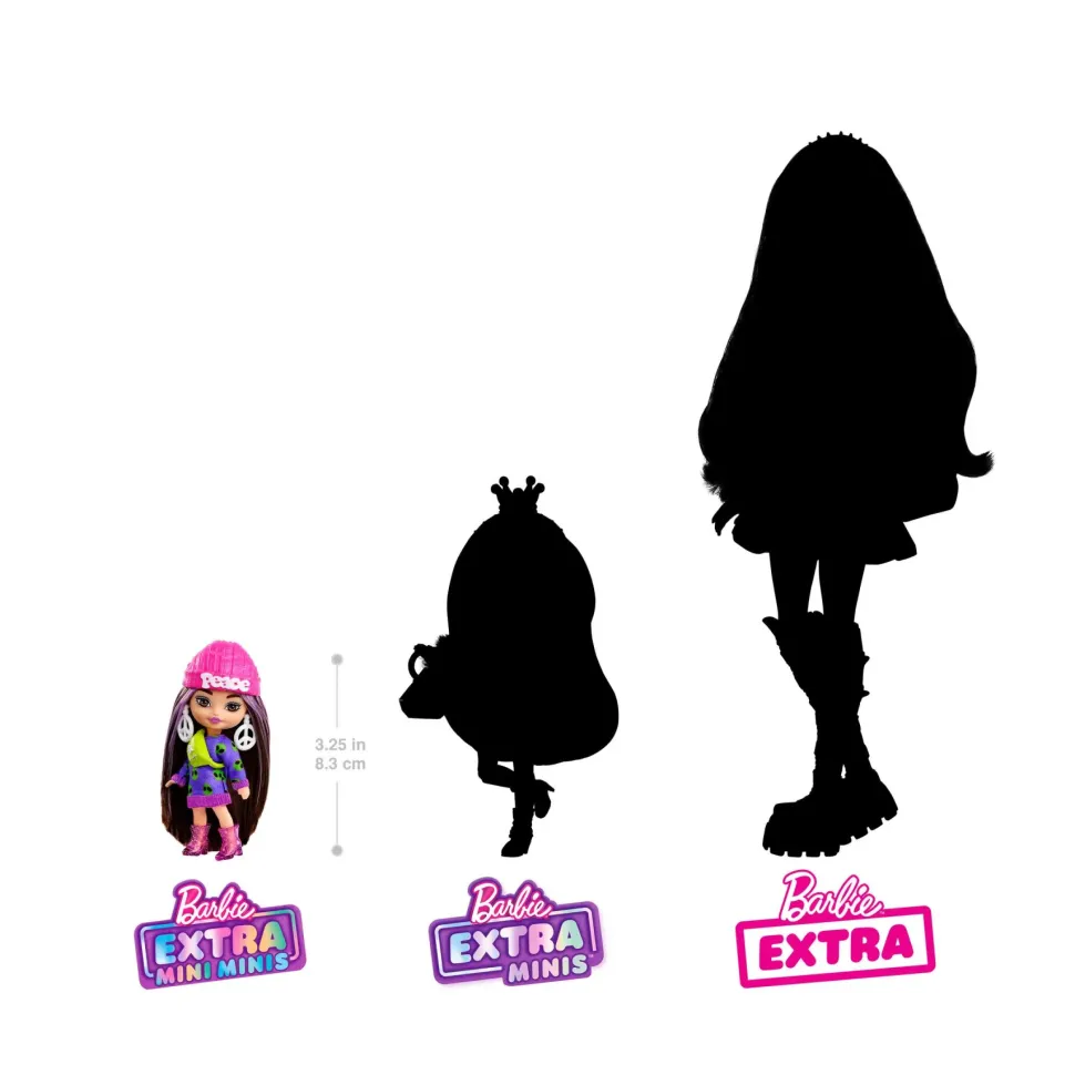 Barbie Barbie Extra Mini Minis, Bambola Con Capelli Castani E Abito Di Maglia Con Alieno, Abiti E Accessori Con Simbolo Della Pace, Giocattolo Per Bambini, 3+ Anni, Hln46