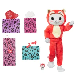 Barbie Cutie Reveal Bambola Con Costume Di Peluche Da Gattino-Panda Rosso E 10 Accessori A Sorpresa Cambia Colore, Serie Amici Cuccioli