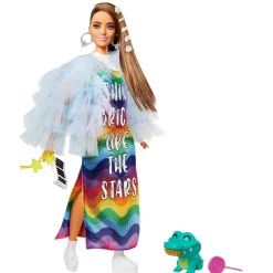Barbie Extra Bambola Mora Con Capelli Lunghi E Giacca Blu, Cucciolo Di Coccodrillo, 3+ Anni