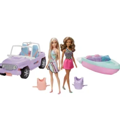 Barbie® Set Con 2 Bambole Con Abiti E Accessori, Veicolo Fuoristrada, Barca Galleggiante E 2 Giubbotti Di Salvataggio
