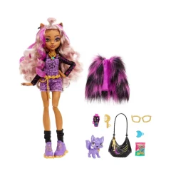 Monster High Clawdeen, Bambola Con Accessori E Gattino, Snodata E Alla Moda Con Capelli Con Ciocche Viola, Giocattolo Per Bambini, 4+ Anni, Hhk52