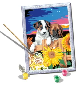 Ravensburger Creart Serie D: Cagnolini Con Girasoli, Kit Per Dipingere Con I Numeri, Gioco Creativo Per Bambini 7+ Anni