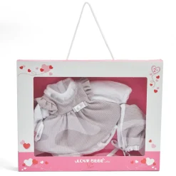 Vestito Bebe Reborn 45 Cm Beige A Coste Con Camicia Bianca E Decorazioni Argentate
